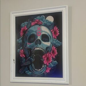 12x16 Skull Art Print with Pink Flowers